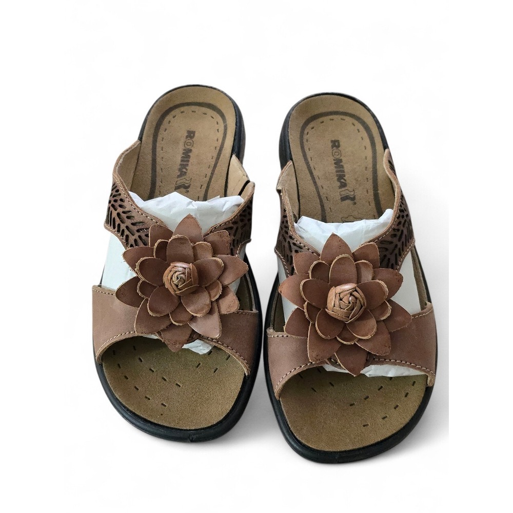 Romika Fidschi 22 Brown Leather Floral Slide Sandals Womens EU 38 US 7-7.5